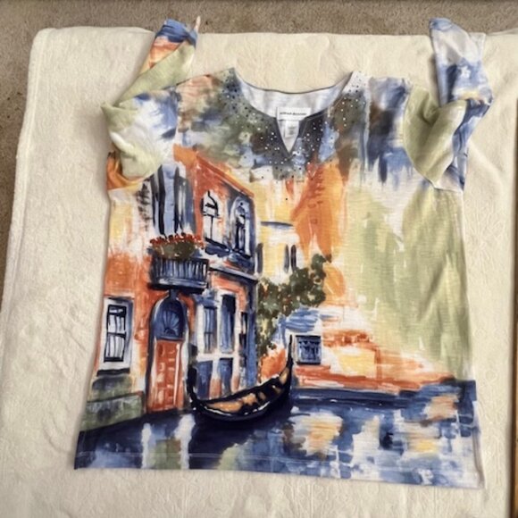 Artsy Beaded Sparkles Boho Romantic Italian Venice Scenic V-neck Top Size L - Picture 2 of 5